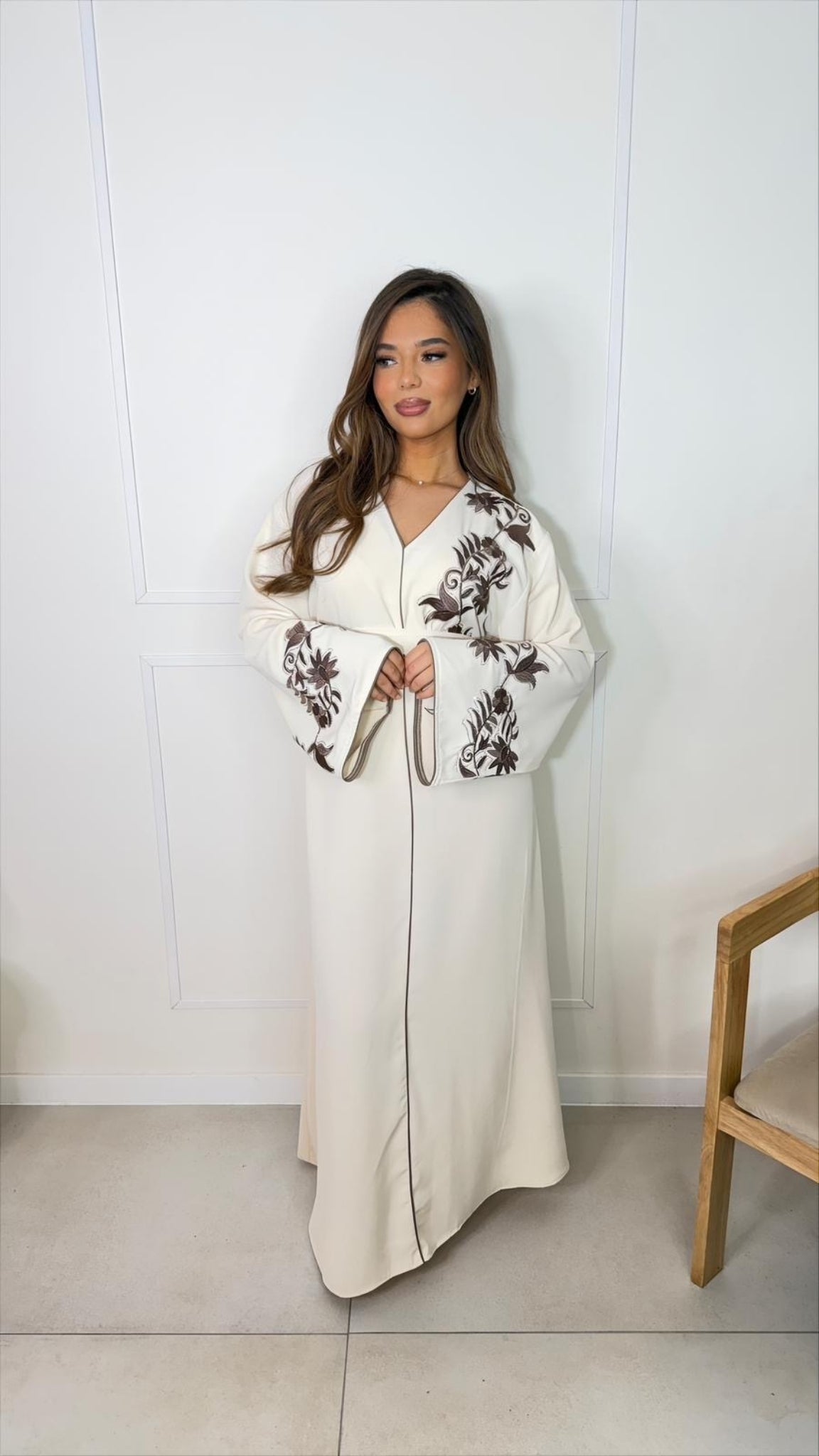 Long Embroidered Dress with Flared Sleeves