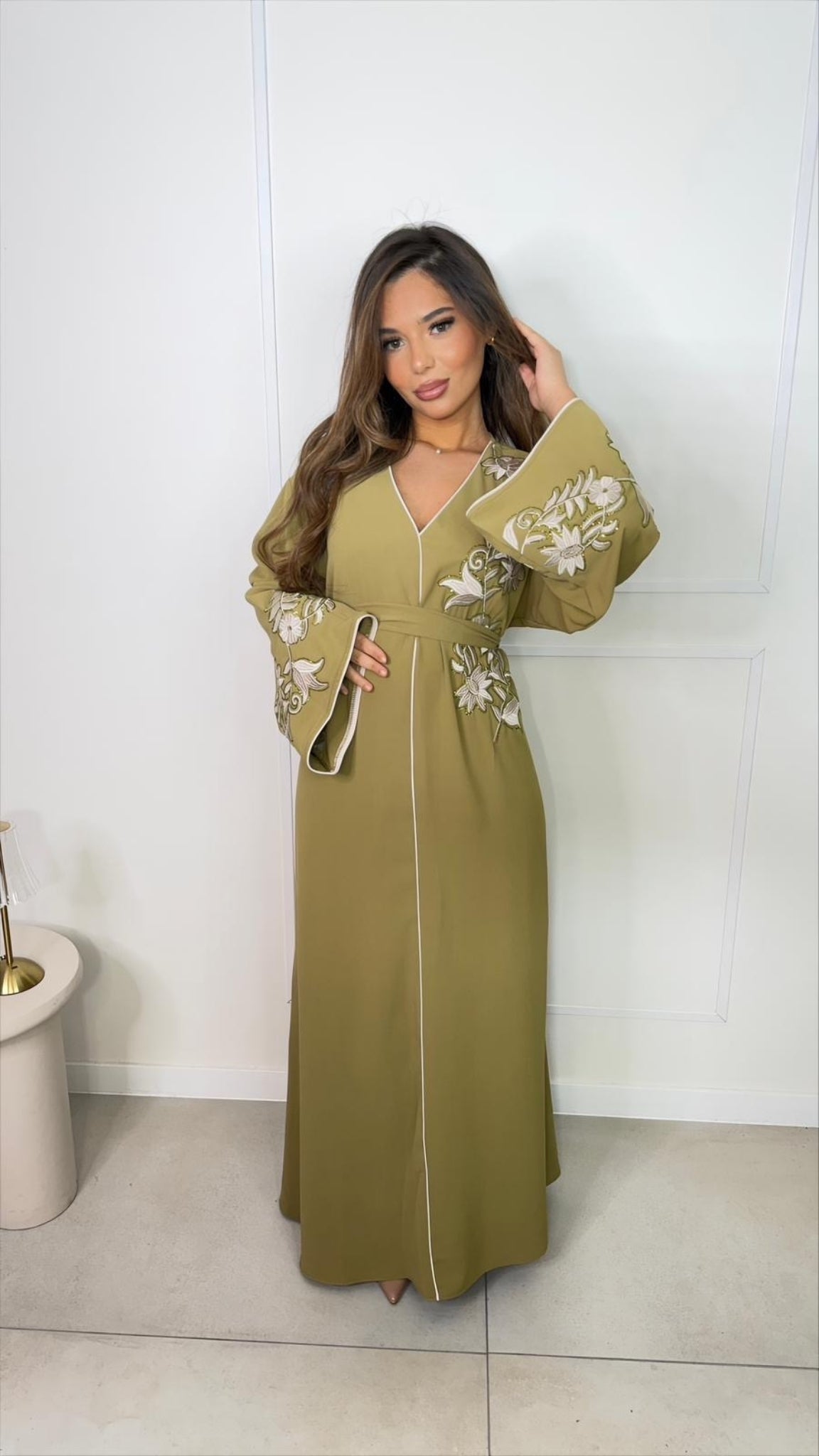 Long Embroidered Dress with Flared Sleeves