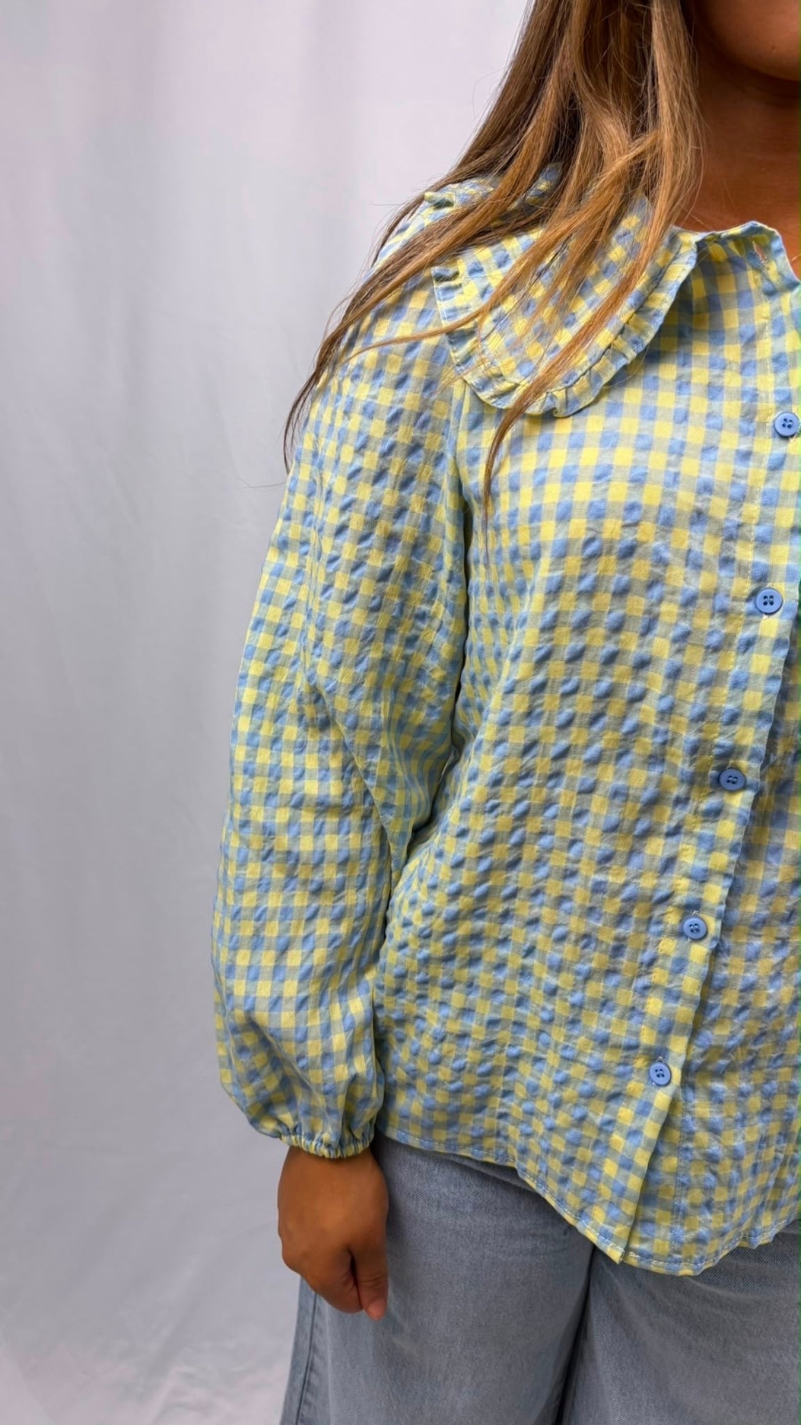 Gathered-neck plaid blouse