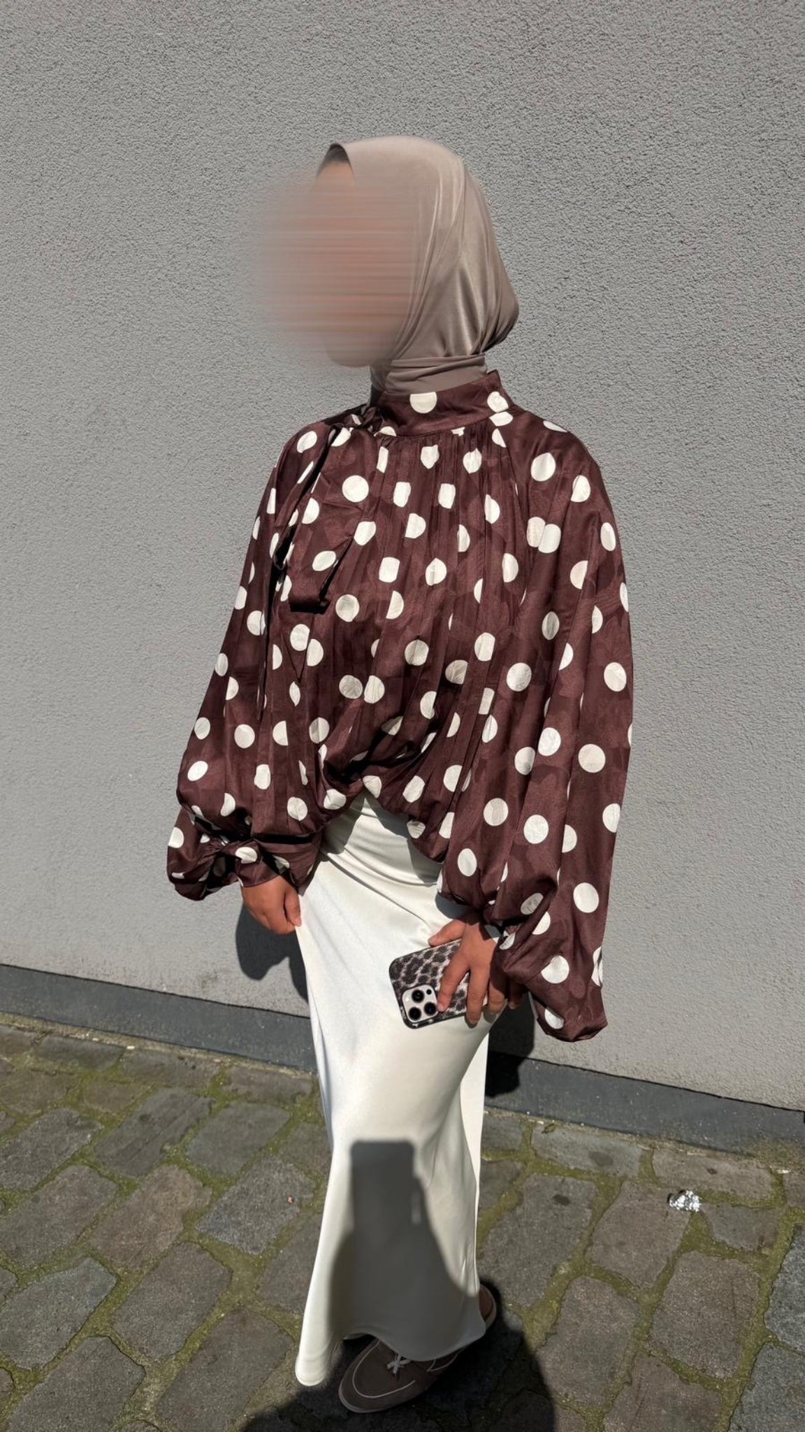 Oversized polka dot blouse with draped collar