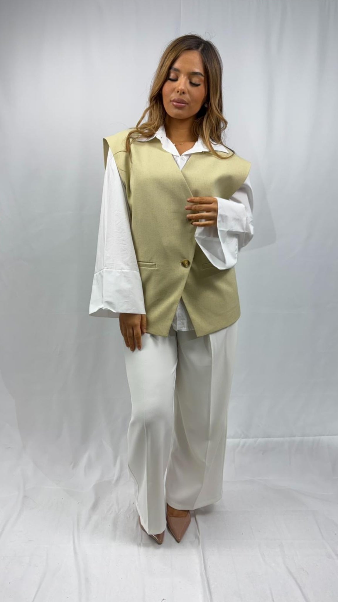 Blazer sans manches en lin col cranté