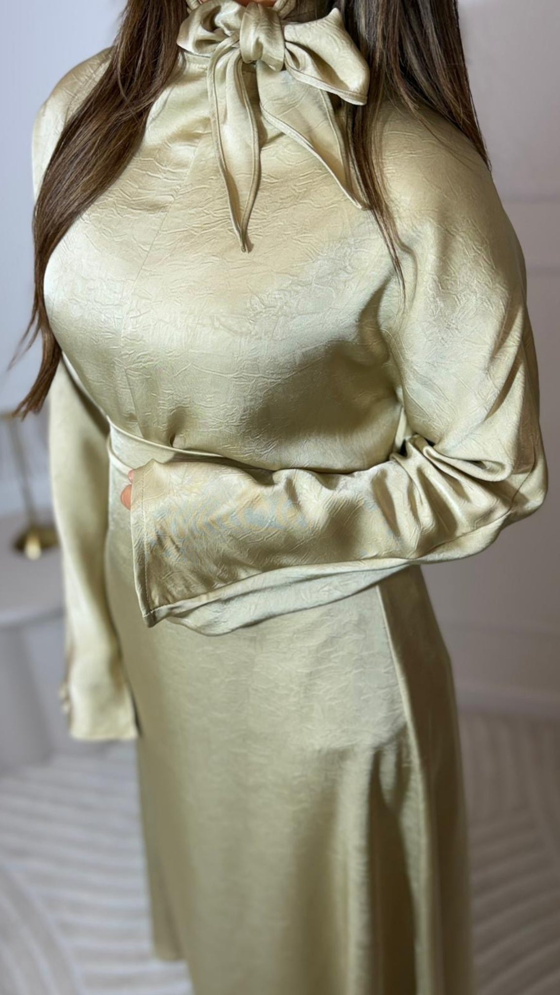 Satin ensemble with tie collar