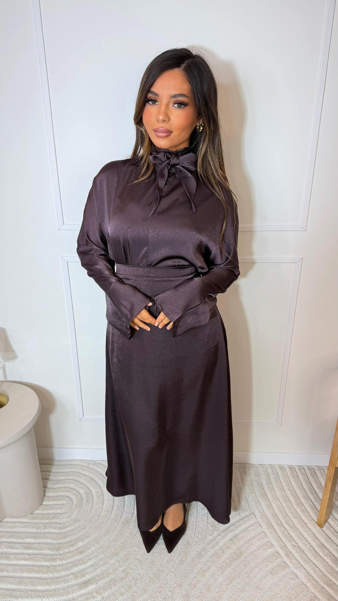 Satin ensemble with tie collar