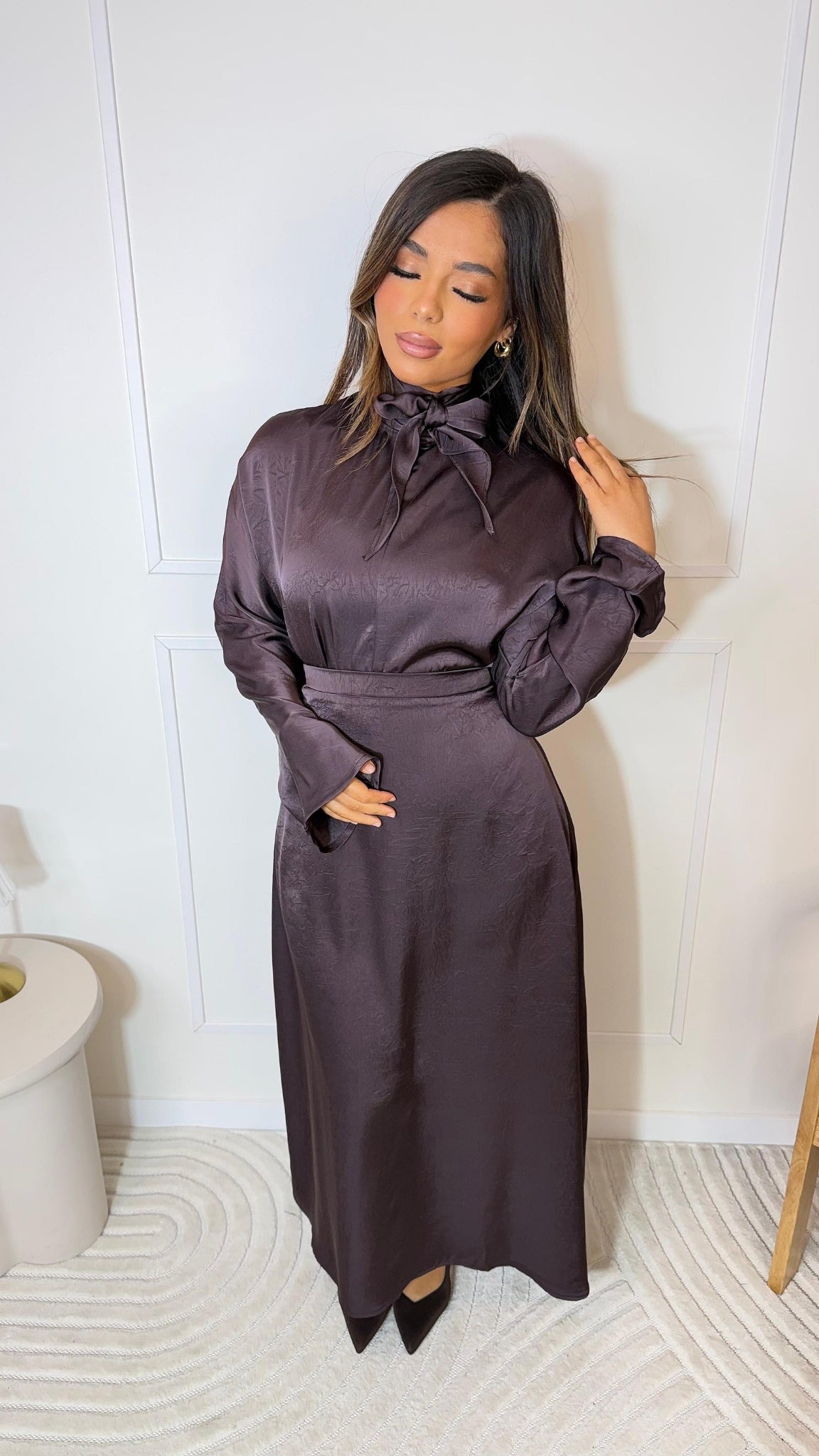 Satin ensemble with tie collar