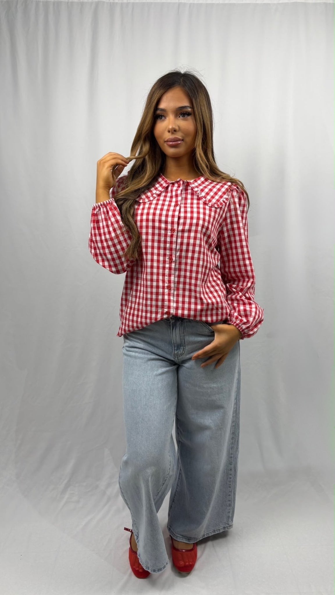 Gathered-neck plaid blouse