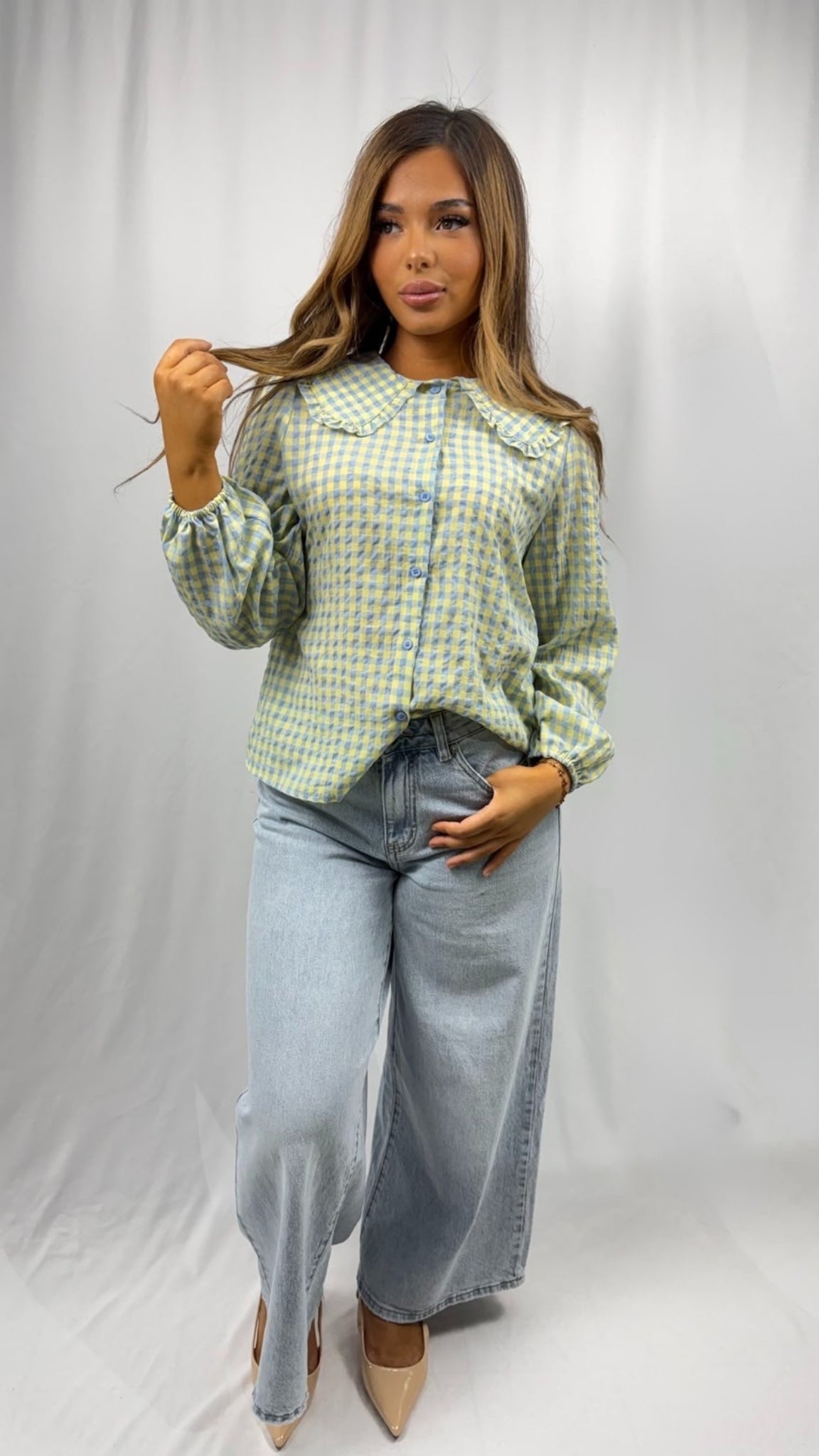 Gathered-neck plaid blouse
