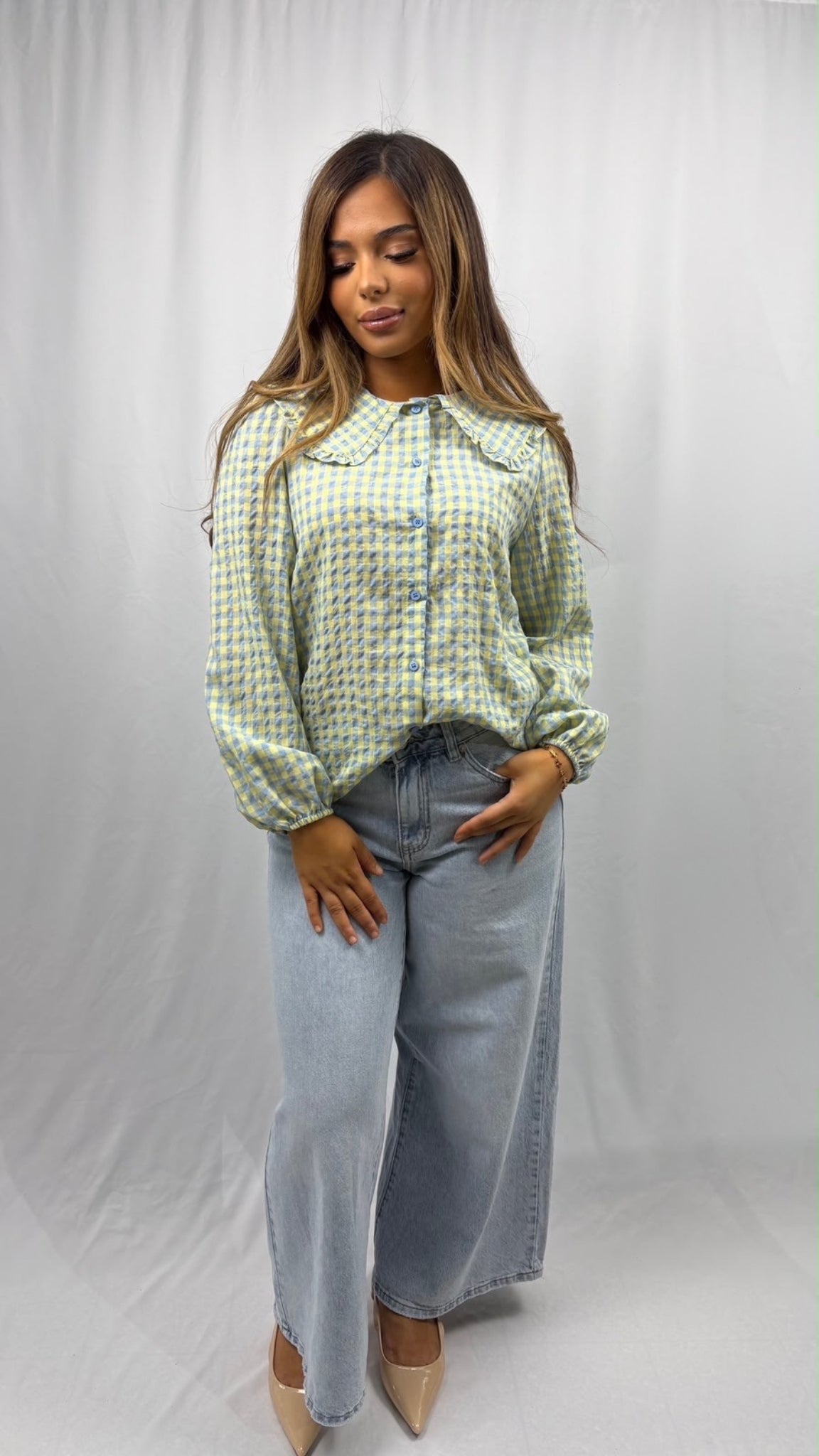 Gathered-neck plaid blouse