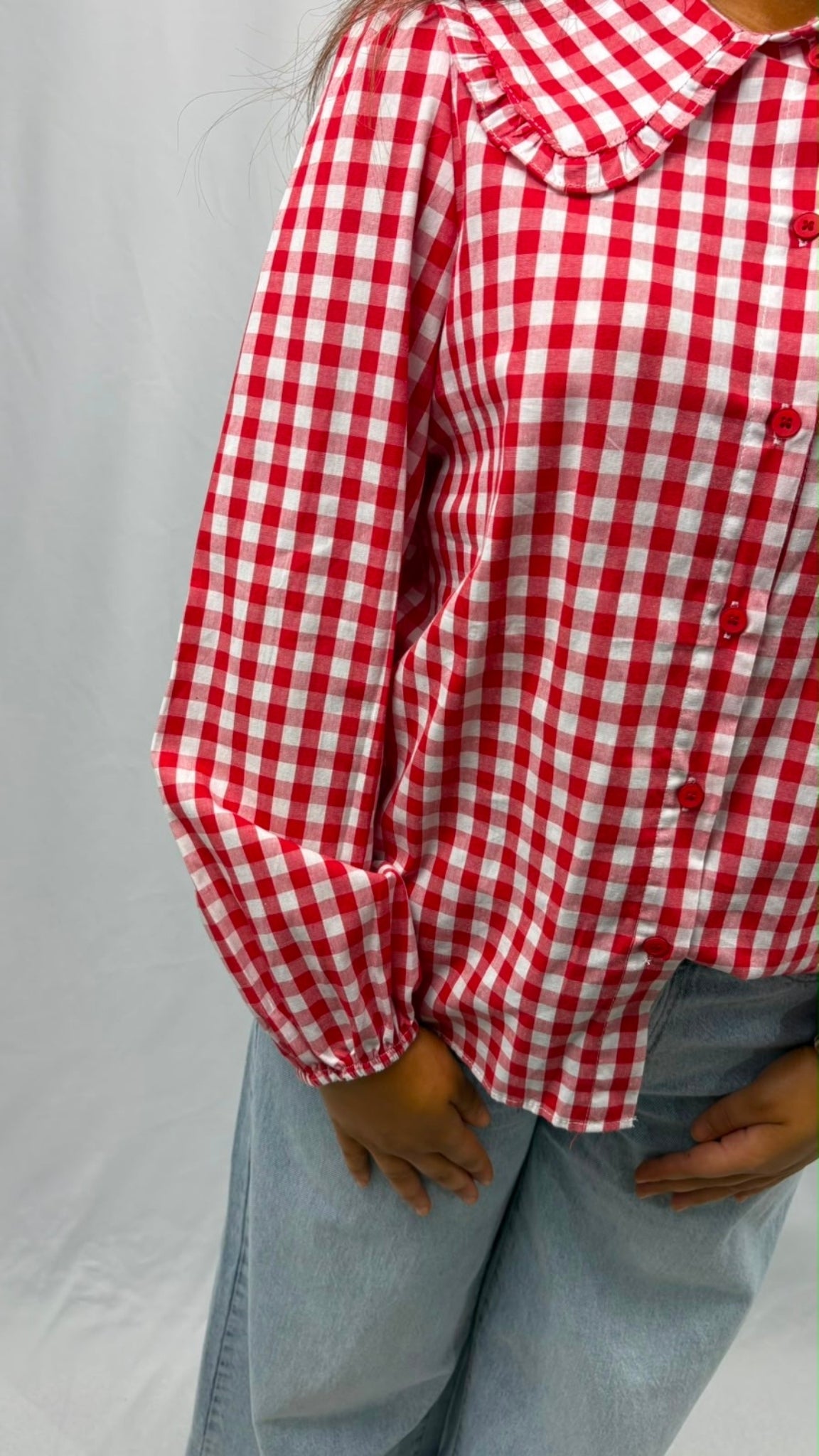 Gathered-neck plaid blouse