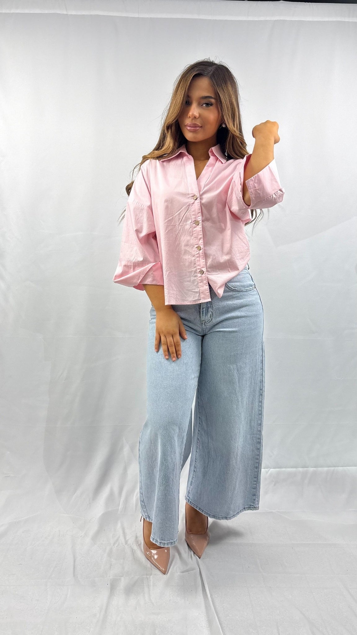 Chemise courte en popeline manches évasées