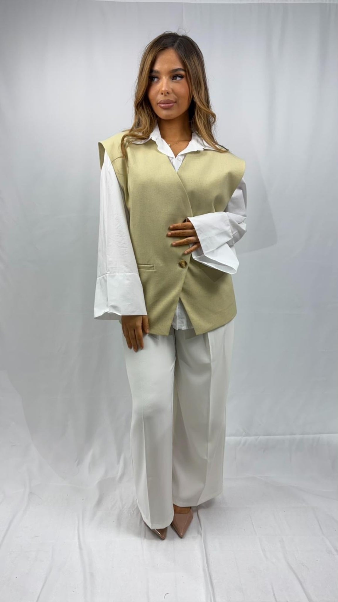Blazer sans manches en lin col cranté